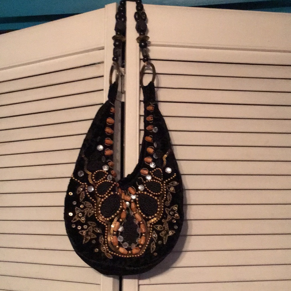 Black velvet embellished handbag